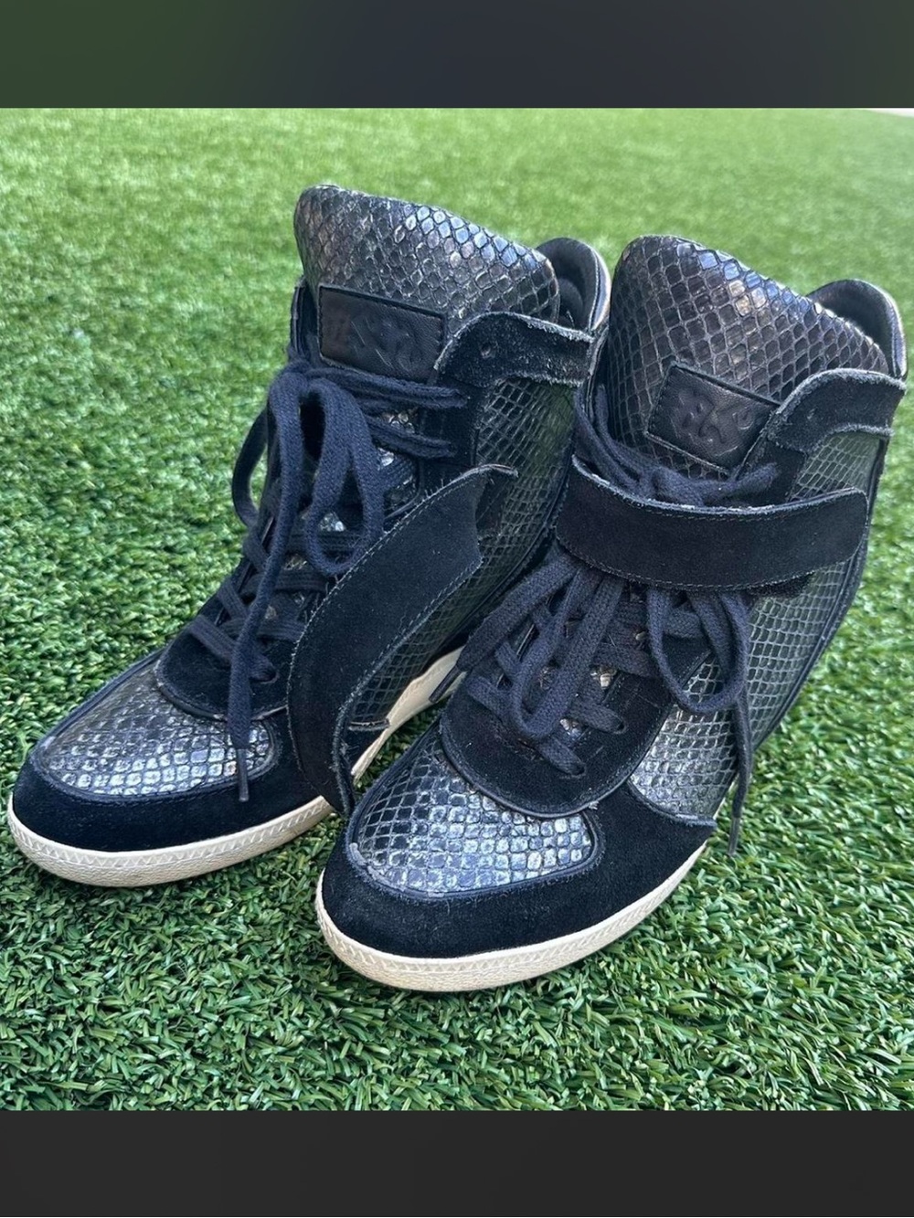 ASH Limited Black with Silver Snake Print High Top Sneaker Wedges
